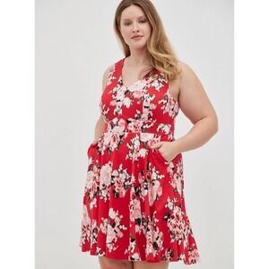Torrid Plus Size Red Floral Fit Flare Dress Sleeveless V Neck Size 18: Brand New